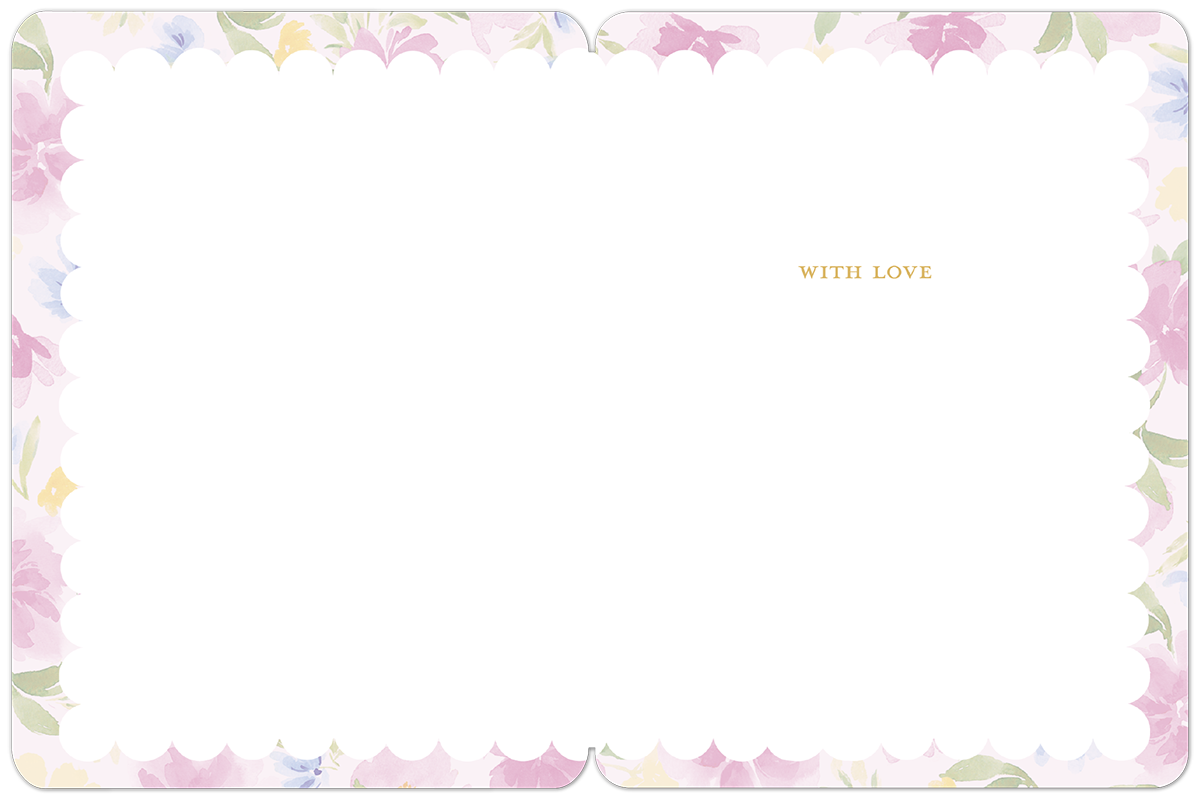 Inside view of a Mother's Day greeting card, open to reveal a blank white scalloped frame on the right side for a personalized message. The card's border features a soft watercolor floral design with pink, blue, and yellow flowers. Subtle gold text on the right side reads "WITH LOVE".