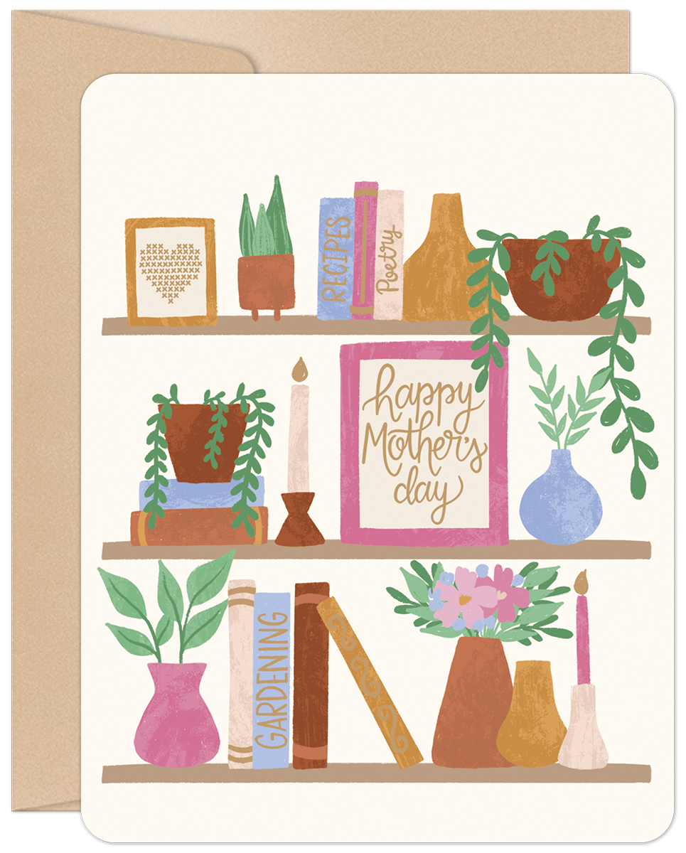 Happy Mother's Day card featuring a charming bookshelf illustration with books, potted plants, and candles on a cream background.