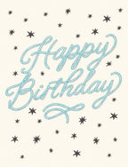Front of a lighthearted birthday greeting card featuring 'Happy Birthday' in a textured blue rope font, scattered with playful dark grey stars on a cream background.