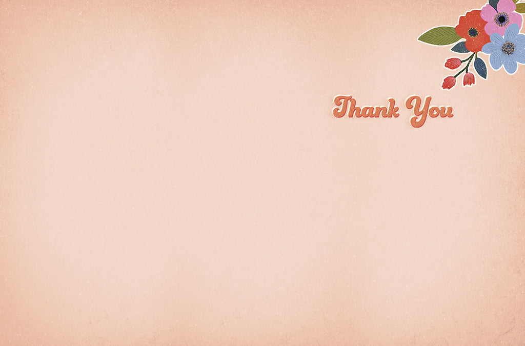 Back or inside of a blank greeting card with "Thank You" in small retro orange text in the top right corner, accented by a subtle corner floral design on a peach-colored background, ready for a personal message.