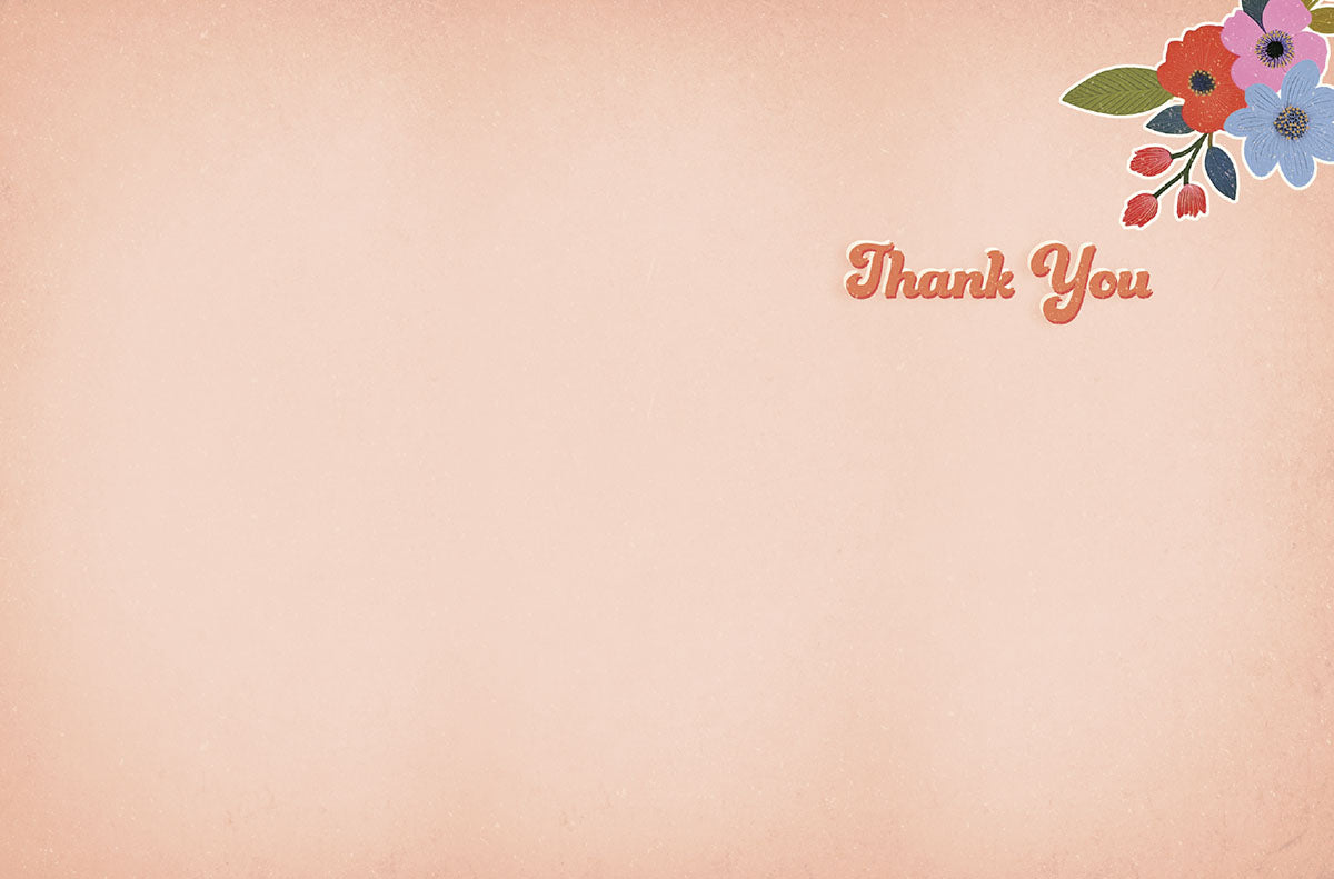 Back or inside of a blank greeting card with "Thank You" in small retro orange text in the top right corner, accented by a subtle corner floral design on a peach-colored background, ready for a personal message.