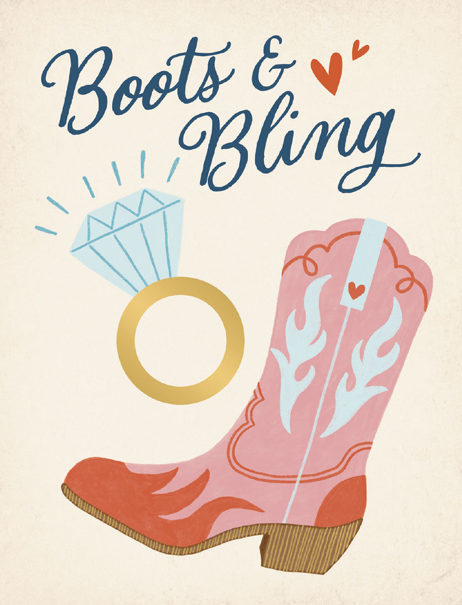 Front of a fun greeting card for an engagement or western-themed celebration, featuring 'Boots & Bling' text, a pink cowboy boot with flames, and a sparkling diamond ring graphic.