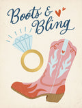 Front of a fun greeting card for an engagement or western-themed celebration, featuring 'Boots & Bling' text, a pink cowboy boot with flames, and a sparkling diamond ring graphic.