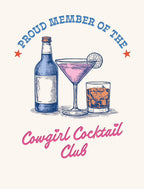 Stylish birthday greeting card featuring 'Proud Member of the Cowgirl Cocktail Club' text, an illustrated blue bottle, a pink cocktail in a martini glass, and a brown liquor in a rocks glass, perfect for a fun-loving friend.