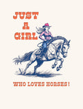 Rustic vintage style greeting card for girls featuring a determined cowgirl in a red hat riding a galloping horse with text 'JUST A GIRL WHO LOVES HORSES!', perfect for aspiring equestrians.