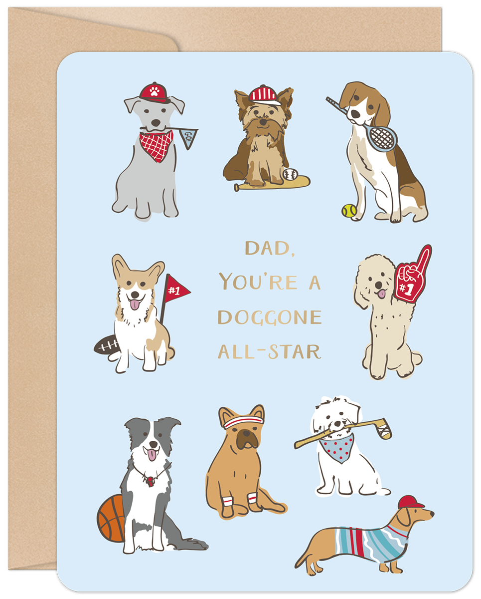 Front of a light blue Father's Day greeting card featuring various cartoon dogs dressed in sports outfits. Text reads 'DAD, YOU'RE A DOGGONE ALL-STAR' surrounded by a terrier in a baseball cap, a beagle with a tennis racket, a corgi with a football, a poodle with a foam finger, a border collie with a basketball, a golden retriever with a headband, a terrier with a hockey stick, and a dachshund in a striped shirt and baseball cap. The card has a brown envelope behind it.