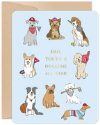 Front of a light blue Father's Day greeting card featuring various cartoon dogs dressed in sports outfits. Text reads 'DAD, YOU'RE A DOGGONE ALL-STAR' surrounded by a terrier in a baseball cap, a beagle with a tennis racket, a corgi with a football, a poodle with a foam finger, a border collie with a basketball, a golden retriever with a headband, a terrier with a hockey stick, and a dachshund in a striped shirt and baseball cap. The card has a brown envelope behind it.