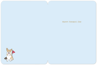Inside of a Father's Day greeting card showing a small cartoon corgi holding a football and "HAPPY FATHER'S DAY" text.