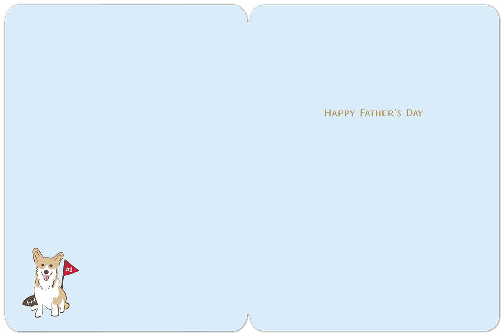Inside of a light blue Father's Day greeting card with the message 'HAPPY FATHER'S DAY' on the right panel. A small cartoon corgi dog with a football and a '#1' pennant is visible on the bottom left panel.