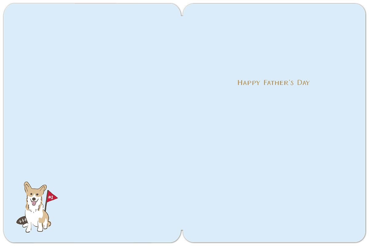 Inside of a light blue Father's Day greeting card with the message 'HAPPY FATHER'S DAY' on the right panel. A small cartoon corgi dog with a football and a '#1' pennant is visible on the bottom left panel.