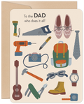 Front of a cream greeting card for a parent, featuring an array of illustrations including a flashlight, saw, dress shoes, necktie, power drill, pen, outdoor backpack, vintage camera, acoustic guitar, hammer, multi-tool, stylish sunglasses, work boot, wrist watch, and tape measure. The text reads: 'To the DAD who does it all!'.
