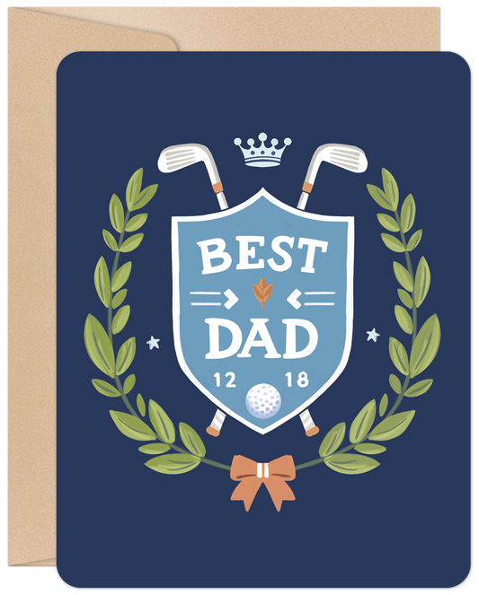 Front of a navy blue 'Best Dad' golf-themed greeting card with crossed golf clubs, a golf ball, crown, laurel wreath, and orange bow.