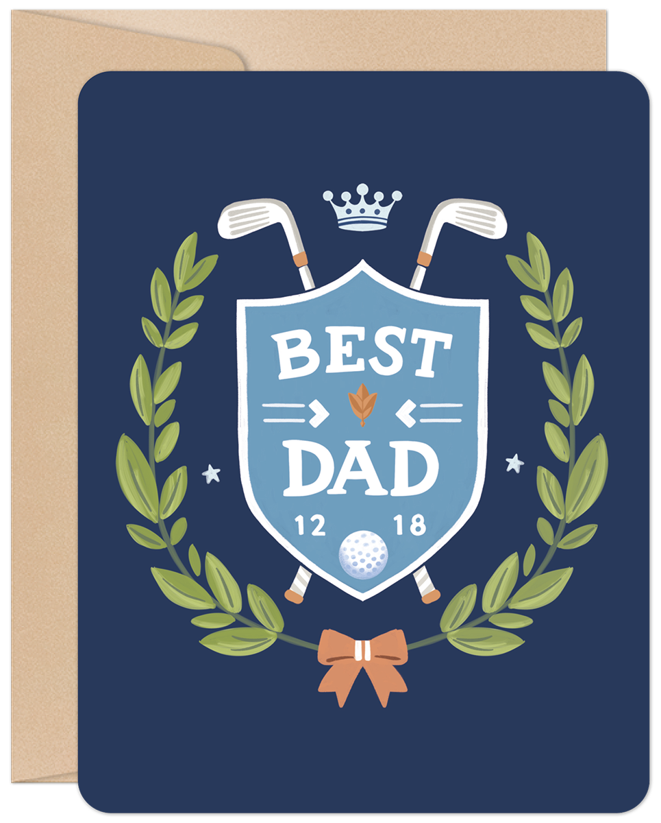 Front of a dark blue greeting card for Father's Day featuring a crest with 'BEST DAD', a crown, crossed golf clubs, a golf ball, and a laurel wreath design.