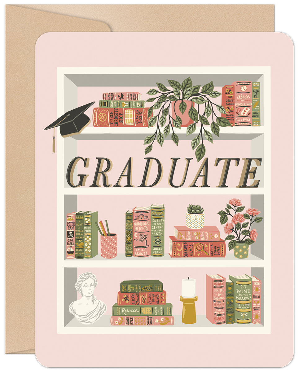 Front of a graduation card with a whimsical bookshelf holding classic books, plants, a bust, and a graduation cap on a pink background.