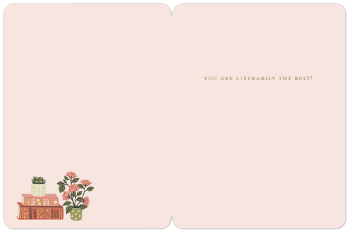 Inside view of a minimalist graduation greeting card with the message 'YOU ARE LITERALLY THE BEST!' in a subtle font, accompanied by small book and plant illustrations on a pale pink background.