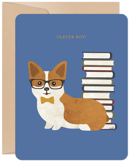 Front of a blue graduation card featuring a corgi wearing glasses and a yellow bowtie, sitting next to a stack of books.