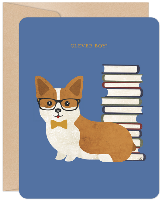 Front of a blue graduation card featuring a corgi wearing glasses and a yellow bowtie, sitting next to a stack of books.