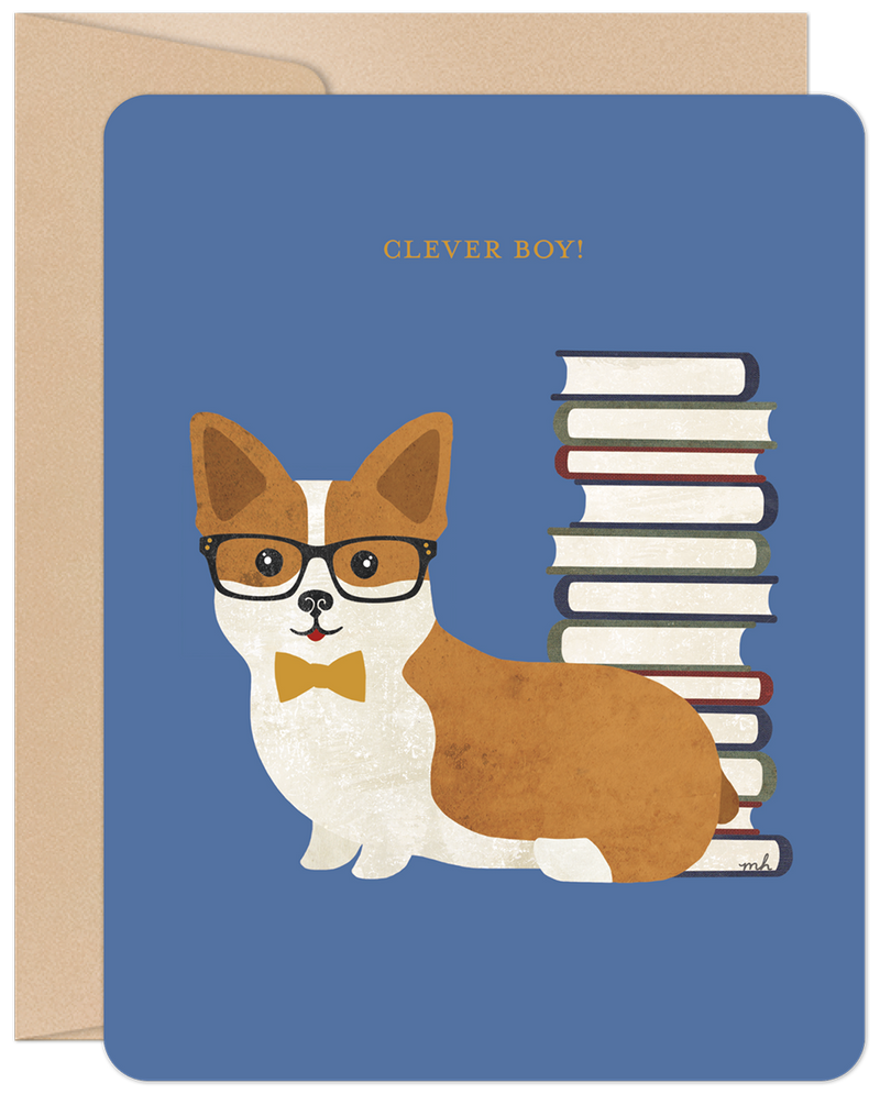 Cute corgi wearing glasses and bow tie, with a stack of books, on a blue graduation greeting card. Text: 'CLEVER BOY!'