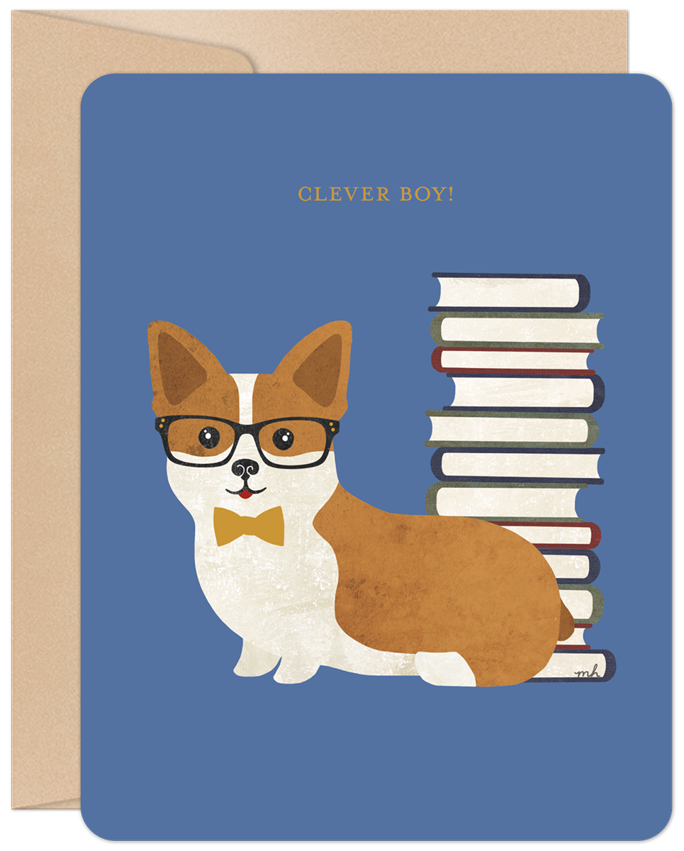 Front of a blue graduation greeting card featuring a cute, bespectacled corgi wearing a yellow bow tie, sitting next to a stack of books with the text 'CLEVER BOY!' above.