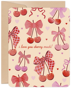 Cute romantic Valentine's Day card featuring a repeating pattern of red and pink cherries tied with decorative bows, tiny hearts, and the sweet handwritten text 'i love you cherry much!' on a light beige background.