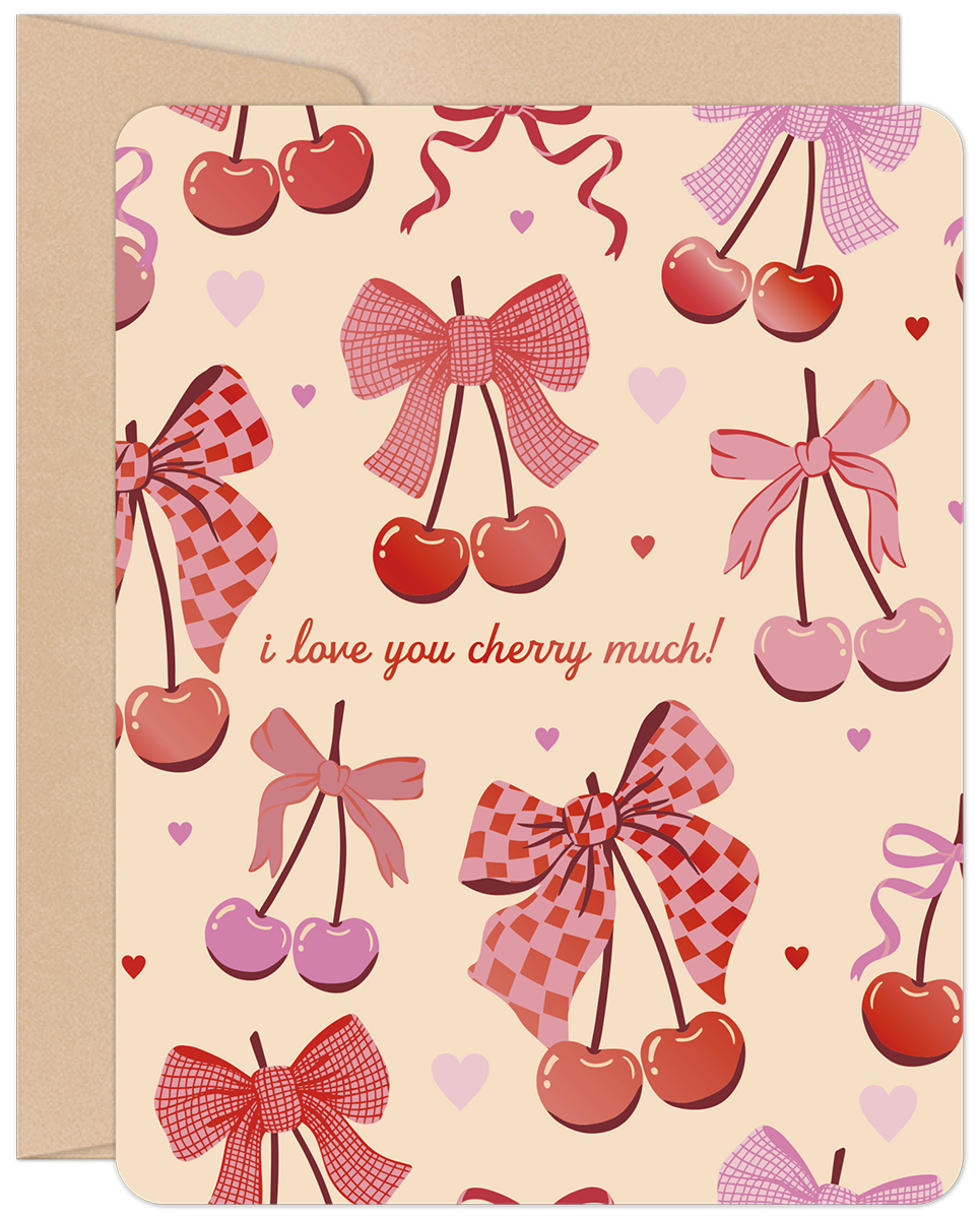 Front of a charming Valentine's Day card featuring 'I love you cherry much!' text amidst a delightful pattern of pink and red cherries and bows.