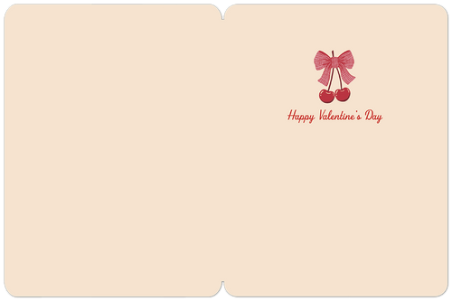 Inside of a blank Valentine's Day card, featuring a small cherry and bow design with the elegant text 'Happy Valentine's Day' at the top right, ready for a personal message.