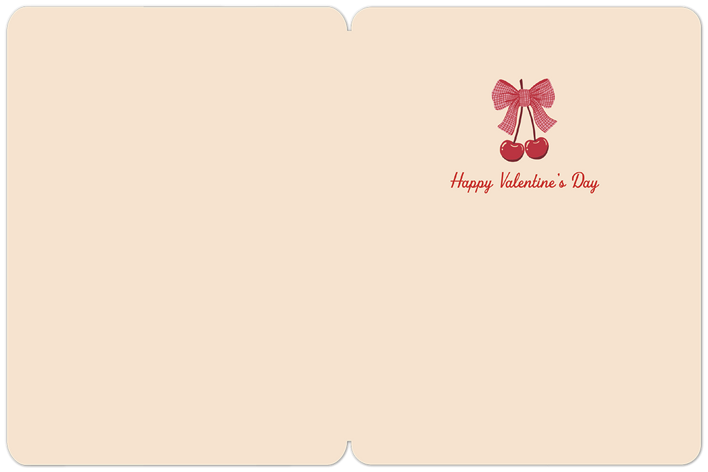 Inside view of a blank Valentine's Day greeting card with a small red cherry and bow design, and the festive text 'Happy Valentine's Day' in a script font on a light beige background, ready for a personalized message.