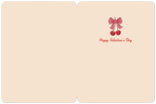 Inside view of a blank Valentine's Day greeting card with a small red cherry and bow design, and the festive text 'Happy Valentine's Day' in a script font on a light beige background, ready for a personalized message.