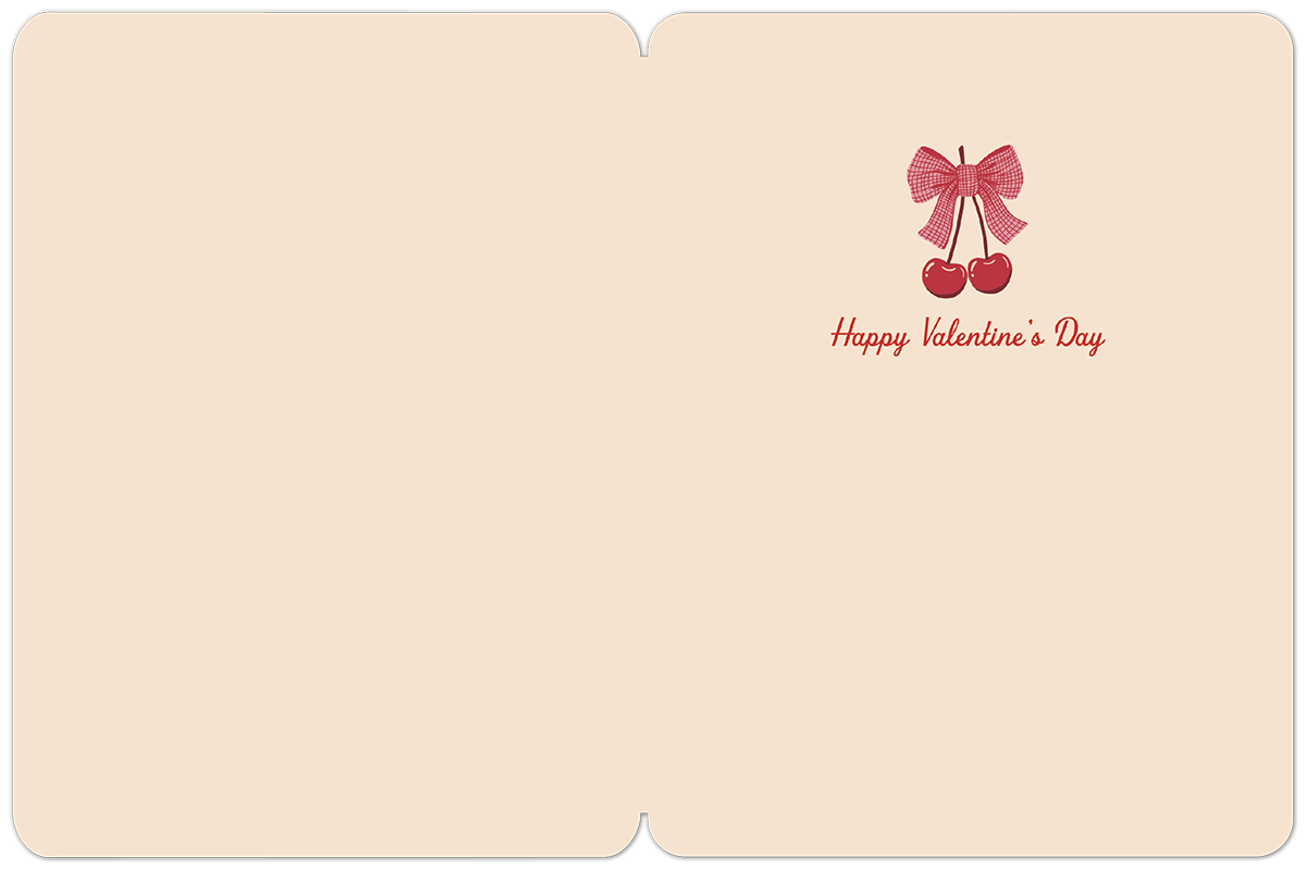 Inside view of a blank Valentine's Day greeting card with a small red cherry and bow design, and the festive text 'Happy Valentine's Day' in a script font on a light beige background, ready for a personalized message.