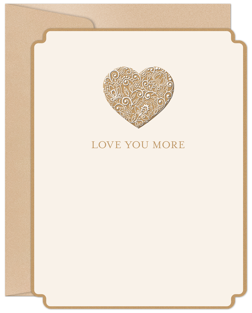Elegant cream and gold Valentine's Day greeting card featuring a delicate filigree heart design, 'LOVE YOU MORE' text, and a kraft paper envelope. Perfect for a spouse.