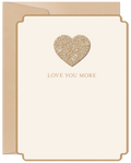 Elegant cream and gold Valentine's Day greeting card featuring a delicate filigree heart design, 'LOVE YOU MORE' text, and a kraft paper envelope. Perfect for a spouse.