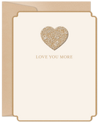 Elegant cream and gold Valentine's Day greeting card featuring a delicate filigree heart design, 'LOVE YOU MORE' text, and a kraft paper envelope. Perfect for a spouse.