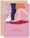 Romantic greeting card for spouse featuring a couple's legs embracing, a cute white dog, and floating red hearts on a pink background, with 'TO ME, YOU ARE PERFECT' text.