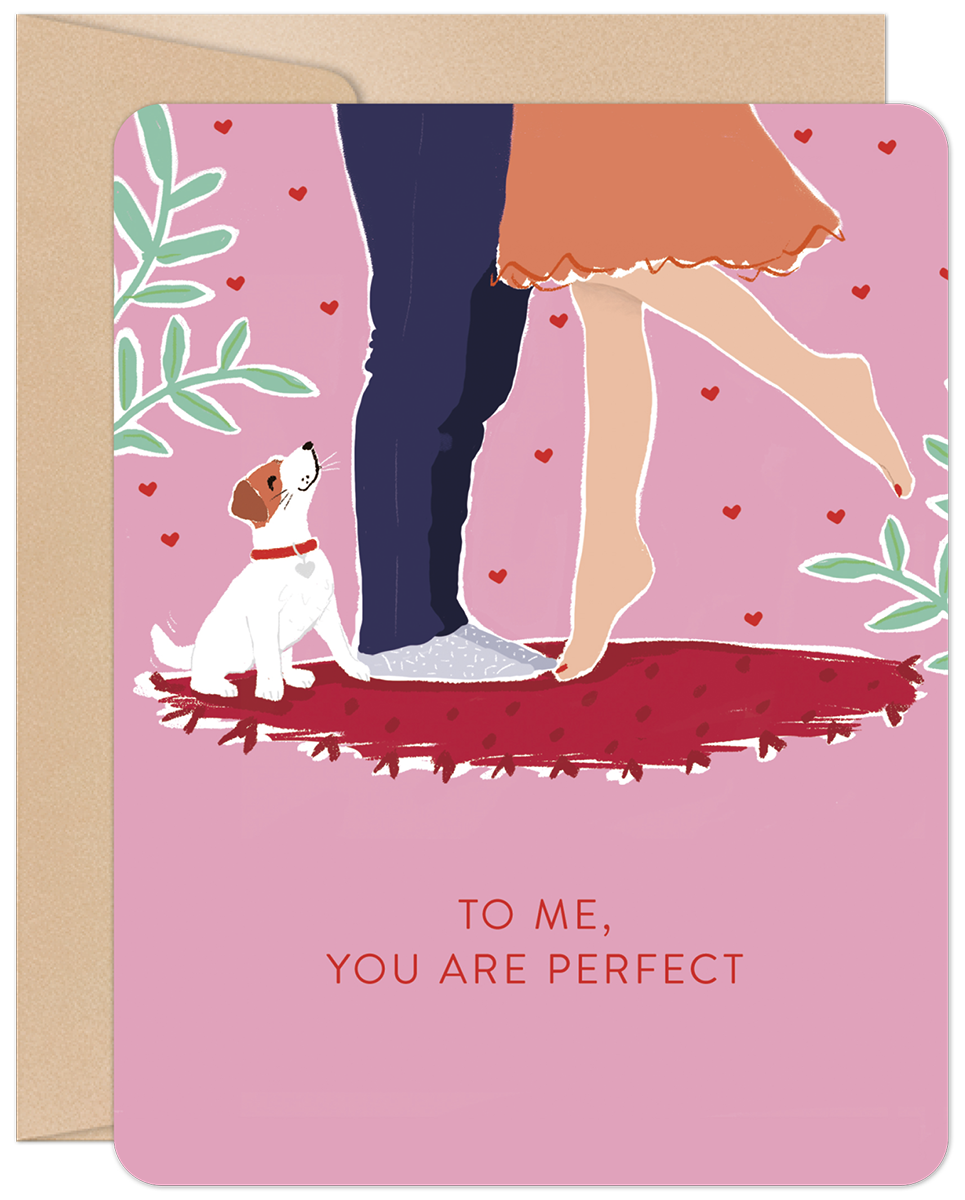 Romantic greeting card for spouse featuring a couple's legs embracing, a cute white dog, and floating red hearts on a pink background, with 'TO ME, YOU ARE PERFECT' text.