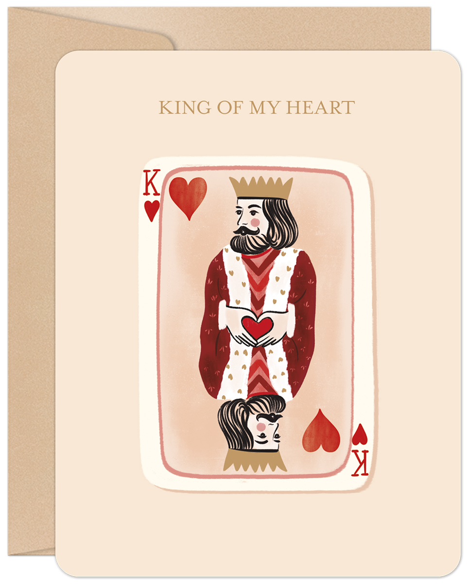 Romantic greeting card featuring a stylized King of Hearts playing card with a beard and crown, holding a heart, with the text 'KING OF MY HEART' at the top, on a light beige background with an envelope visible behind.