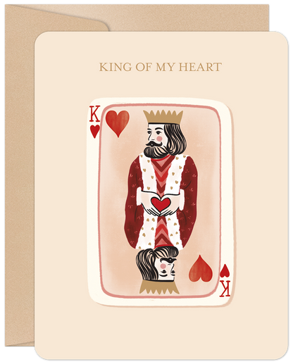 Front of a 'King of My Heart' greeting card for him, featuring an illustrated King of Hearts playing card with red and gold accents.