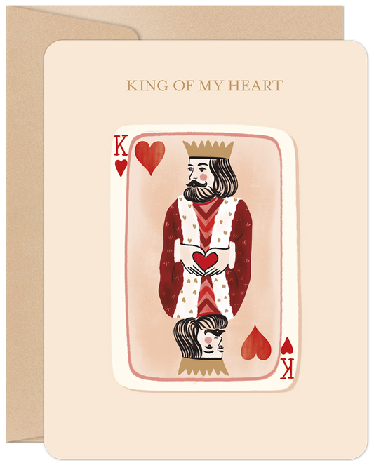 Front of a 'King of My Heart' greeting card for him, featuring an illustrated King of Hearts playing card with red and gold accents.