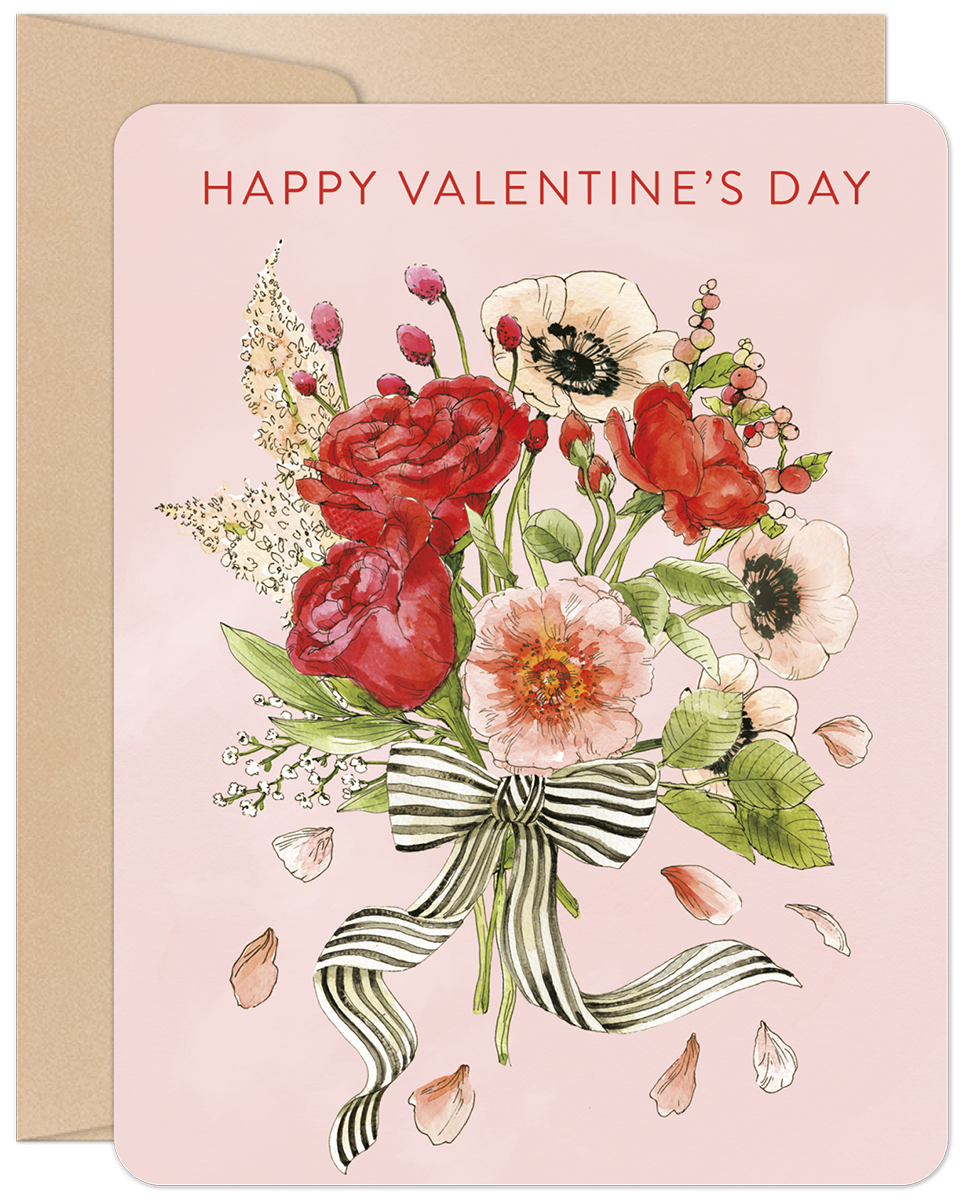 Watercolor floral Valentine's Day greeting card for her, featuring a bouquet of red roses, pink peonies, and white anemones with a black and white striped ribbon, on a soft pink background with 'HAPPY VALENTINE'S DAY'.