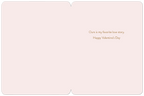 Open Valentine's Day card interior with a heartfelt message: 'Ours is my favorite love story. Happy Valentine's Day' in elegant brown script on a blush pink background, perfect for a spouse.