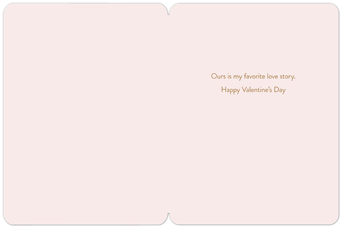 Open Valentine's Day card interior with a heartfelt message: 'Ours is my favorite love story. Happy Valentine's Day' in elegant brown script on a blush pink background, perfect for a spouse.