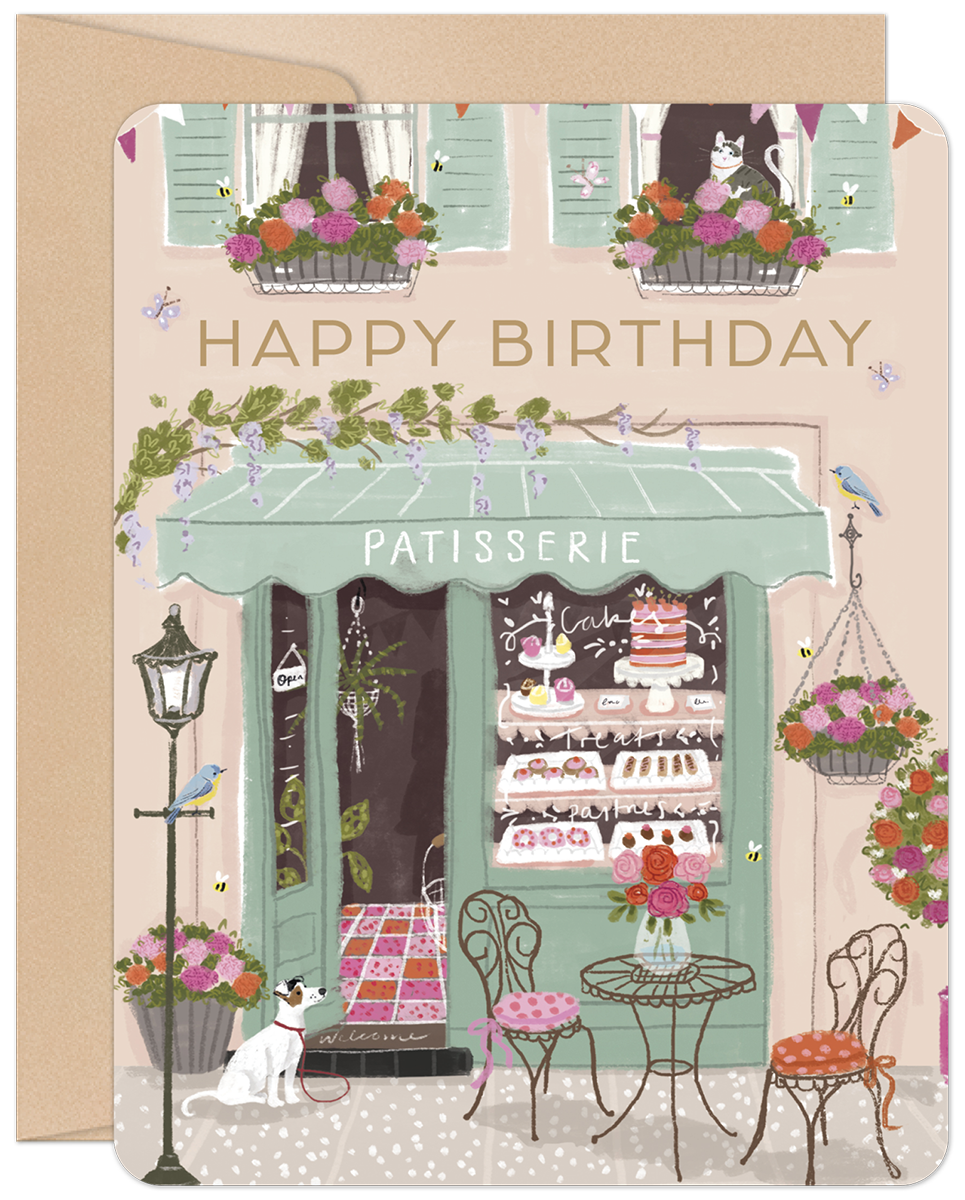 Charming patisserie storefront greeting card, featuring a cat, dog, colorful flowers, birds, and 'HAPPY BIRTHDAY' banner, perfect for any recipient.