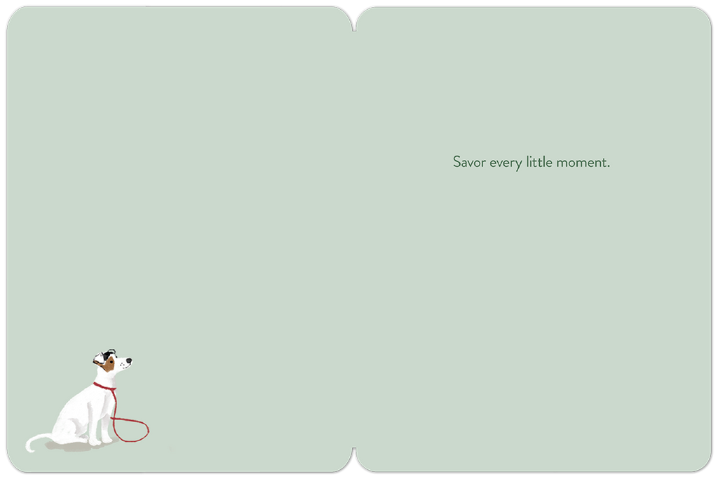 Inside of a delightful greeting card with a light green background, a small white dog, and the heartfelt message 'Savor every little moment.'