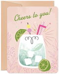 Lighthearted greeting card for friends, featuring a stylized cocktail with lime, ice, and 'Cheers to you!' text on a pink botanical background. Perfect for general celebrations and good times.
