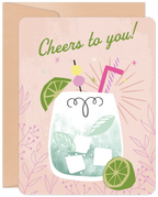 Lighthearted greeting card for friends, featuring a stylized cocktail with lime, ice, and 'Cheers to you!' text on a pink botanical background. Perfect for general celebrations and good times.