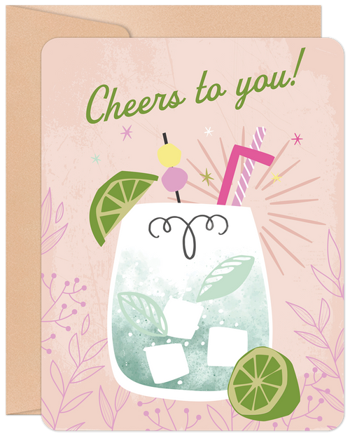 Lighthearted greeting card for friends, featuring a stylized cocktail with lime, ice, and 'Cheers to you!' text on a pink botanical background. Perfect for general celebrations and good times.
