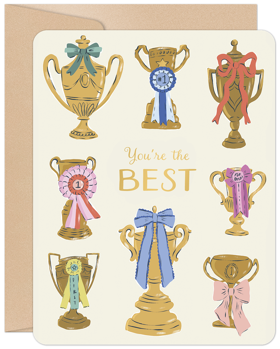 Front of a friendship greeting card with multiple gold trophies adorned with colorful ribbons and bows, proclaiming 'You're the BEST' on a cream background, celebrating a top friend.