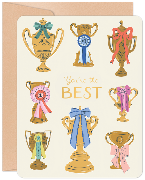 Front of a friendship greeting card with multiple gold trophies adorned with colorful ribbons and bows, proclaiming 'You're the BEST' on a cream background, celebrating a top friend.