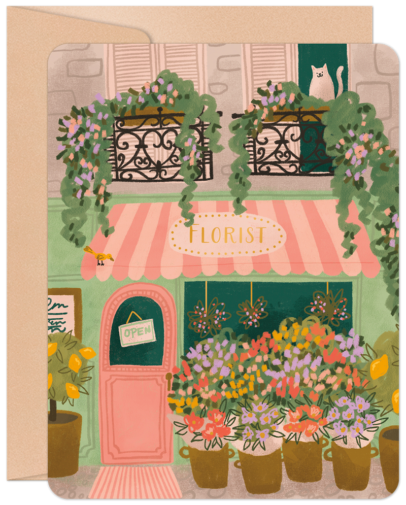 Charming illustrated get well card featuring a vibrant florist shop with a pink awning, potted flowers, green vines, and a curious white cat in a window. Perfect for sending cheerful healing wishes.