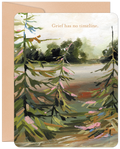 Painted nature scene sympathy greeting card with evergreen trees, a lake, and text 'Grief has no timeline.' for comforting anyone.