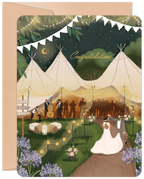 Illustrated wedding greeting card featuring a lively outdoor celebration with tipis, string lights, a band, and a dancing couple in a rustic setting with purple flowers, perfect for conveying heartfelt congratulations.